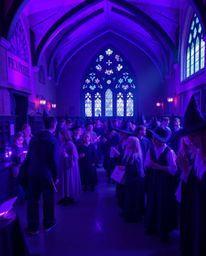 Step into a magical school brimming with young wizards, bathed in the gentle glow of soft ultraviolet light. This enchanting