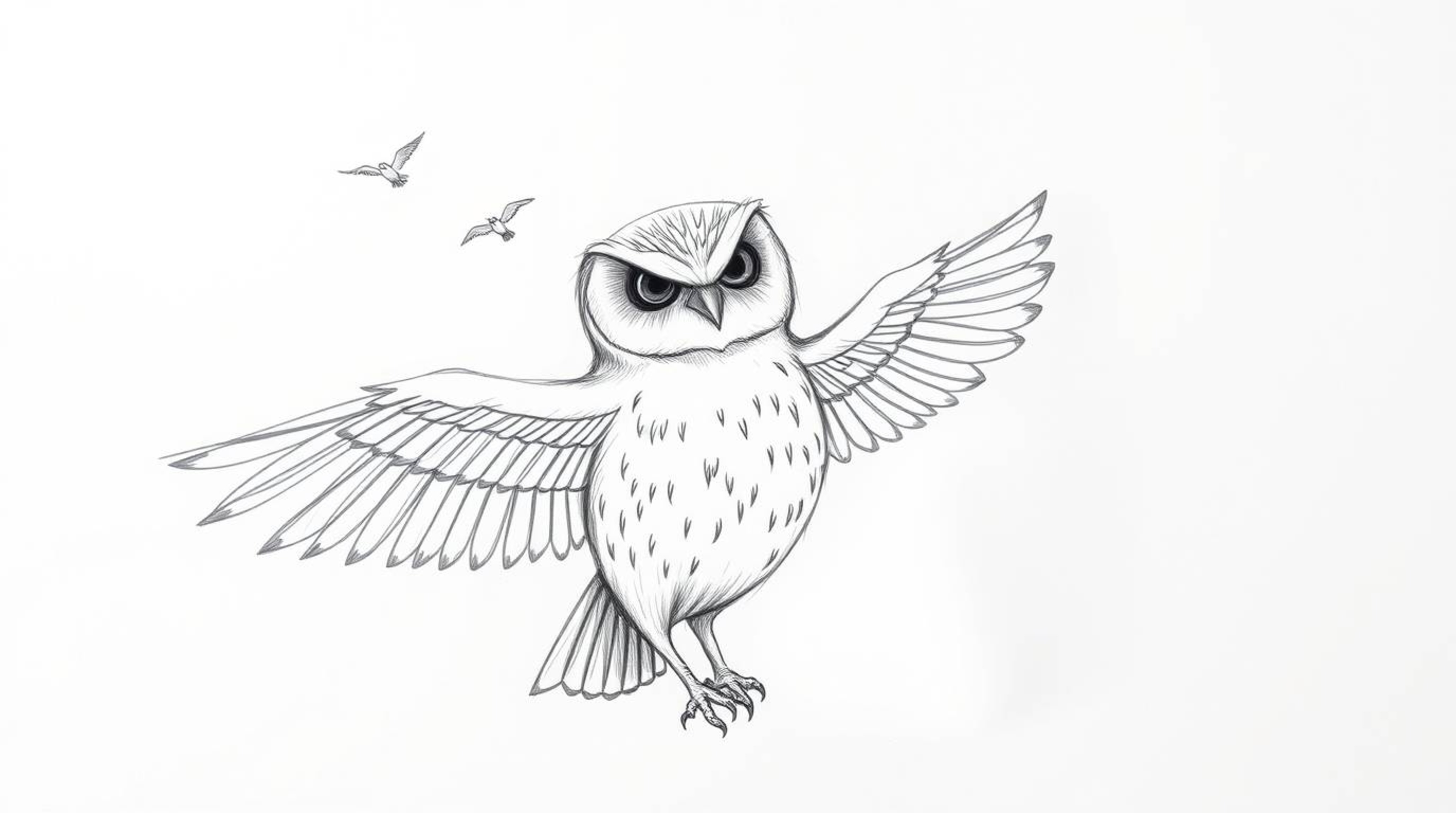 A charming hand-drawn Pixar-style sketch depicts a blind owl, its feathers radiating warmth in a sunbeam, patiently guiding b