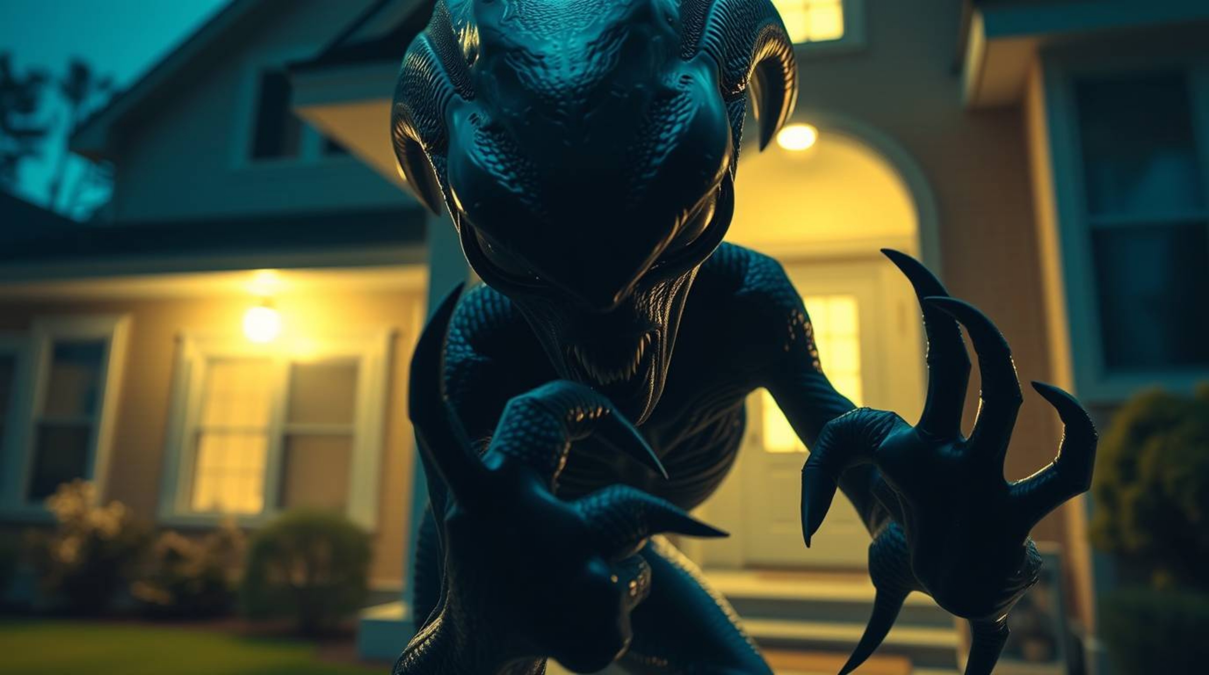 A high-resolution stock photo depicting an alien with scaly skin and sharp claws inhabiting a typical suburban house, rendere