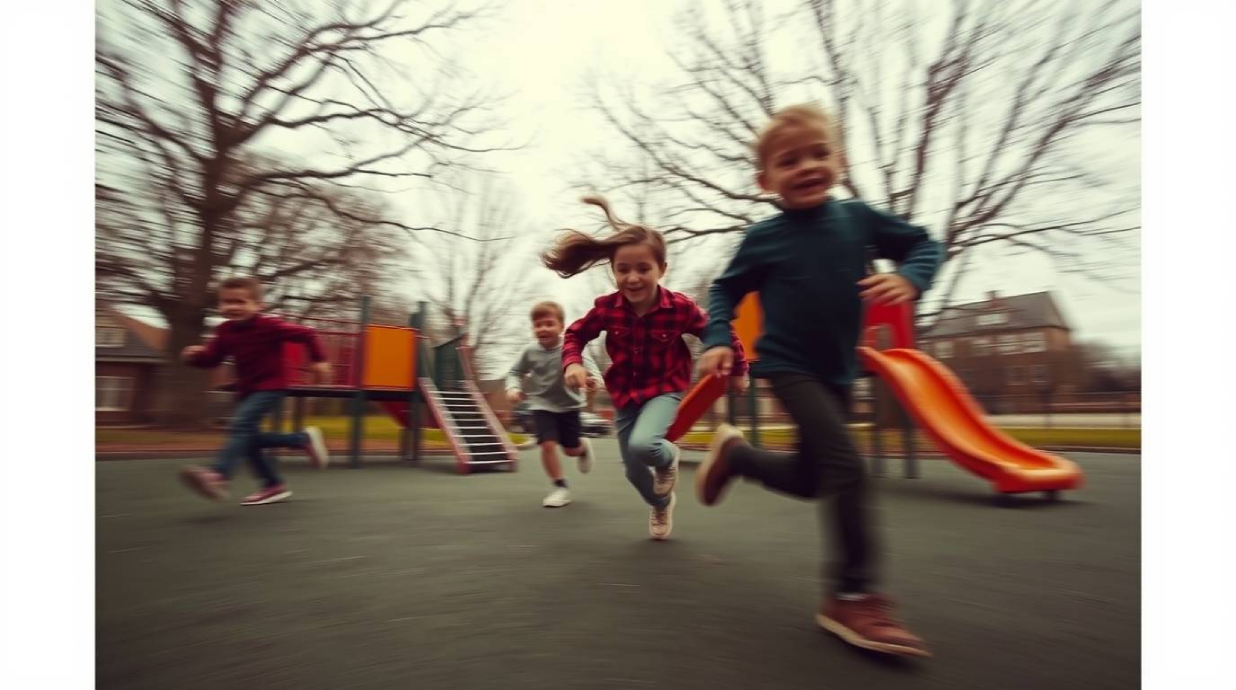 A dramatic slow-motion run through a playground is captured as a unique fine art photograph, embodying a warm, slightly dark,