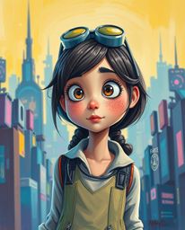 This artwork features a bold acrylic painting showcasing a young inventor girl with inquisitive eyes and freckles, set agains