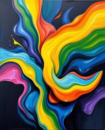 A bold acrylic painting showcases colorful 3D fluid shapes interacting with geometric forms in an abstract composition. The a