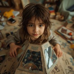 Exquisite high fashion photography captures a boy with messy brown hair and bright, curious eyes, building an intricately des