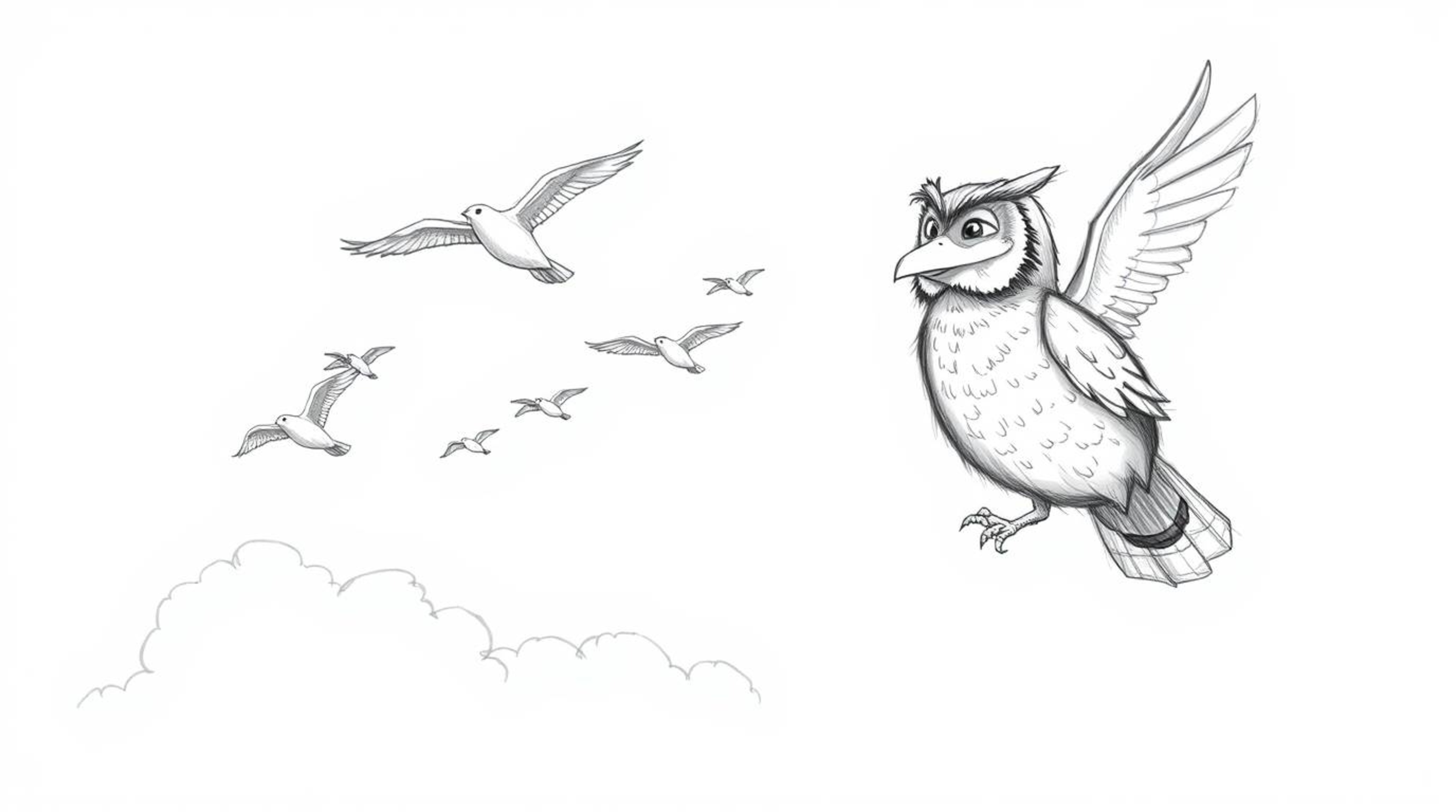 A heartwarming hand-drawn pencil sketch in the style of Pixar depicts a proud, blind owl instructing a flock of birds on the 