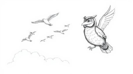 A heartwarming hand-drawn pencil sketch in the style of Pixar depicts a proud, blind owl instructing a flock of birds on the 