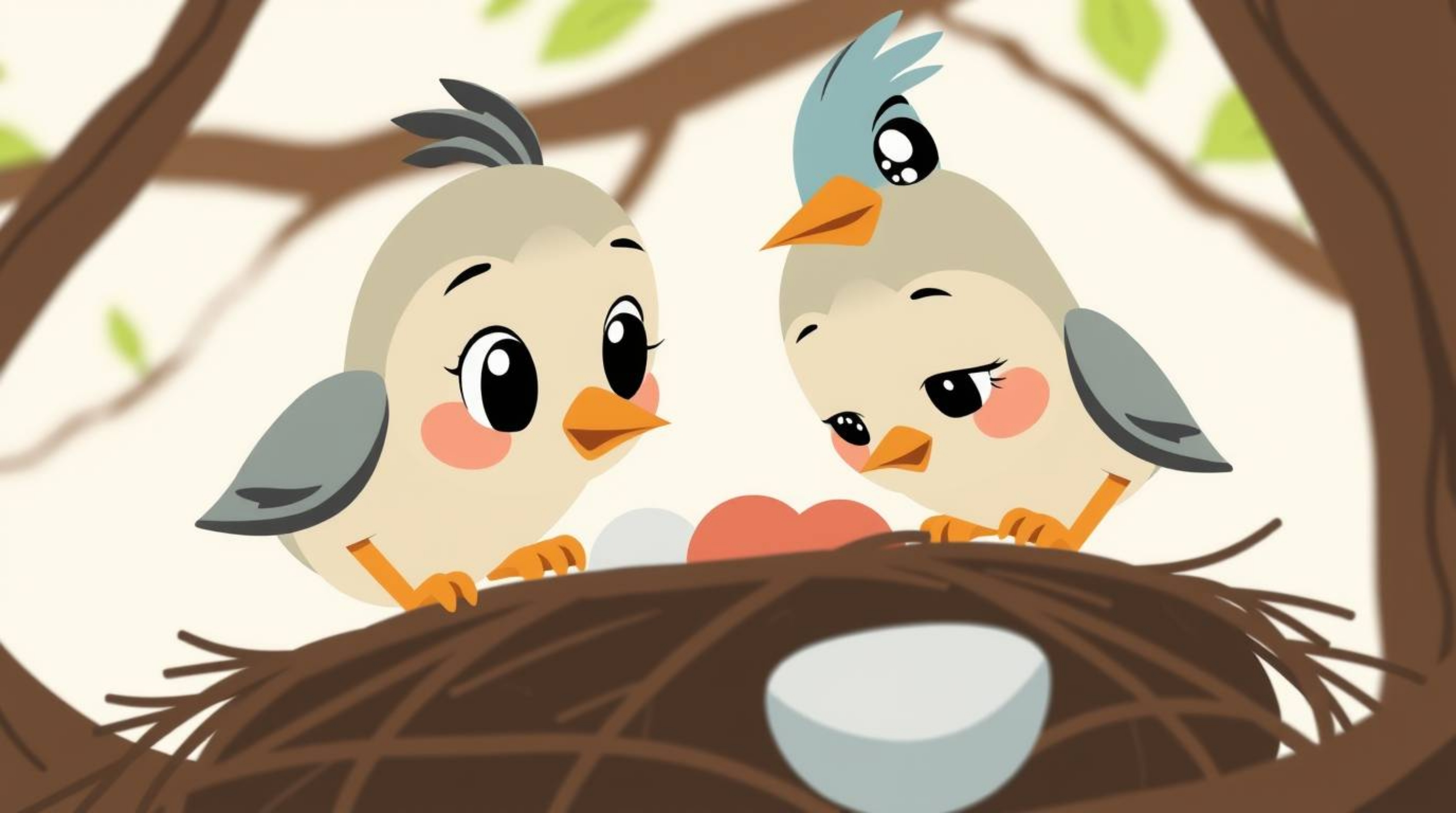A captivating close-up showcases two charming cartoon birds meticulously constructing their nest.  Rendered in a modern flat 