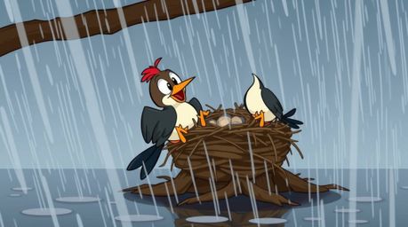 Experience a dynamic and captivating, wet rainy scene with two charming cartoon birds diligently building their nest in a cla