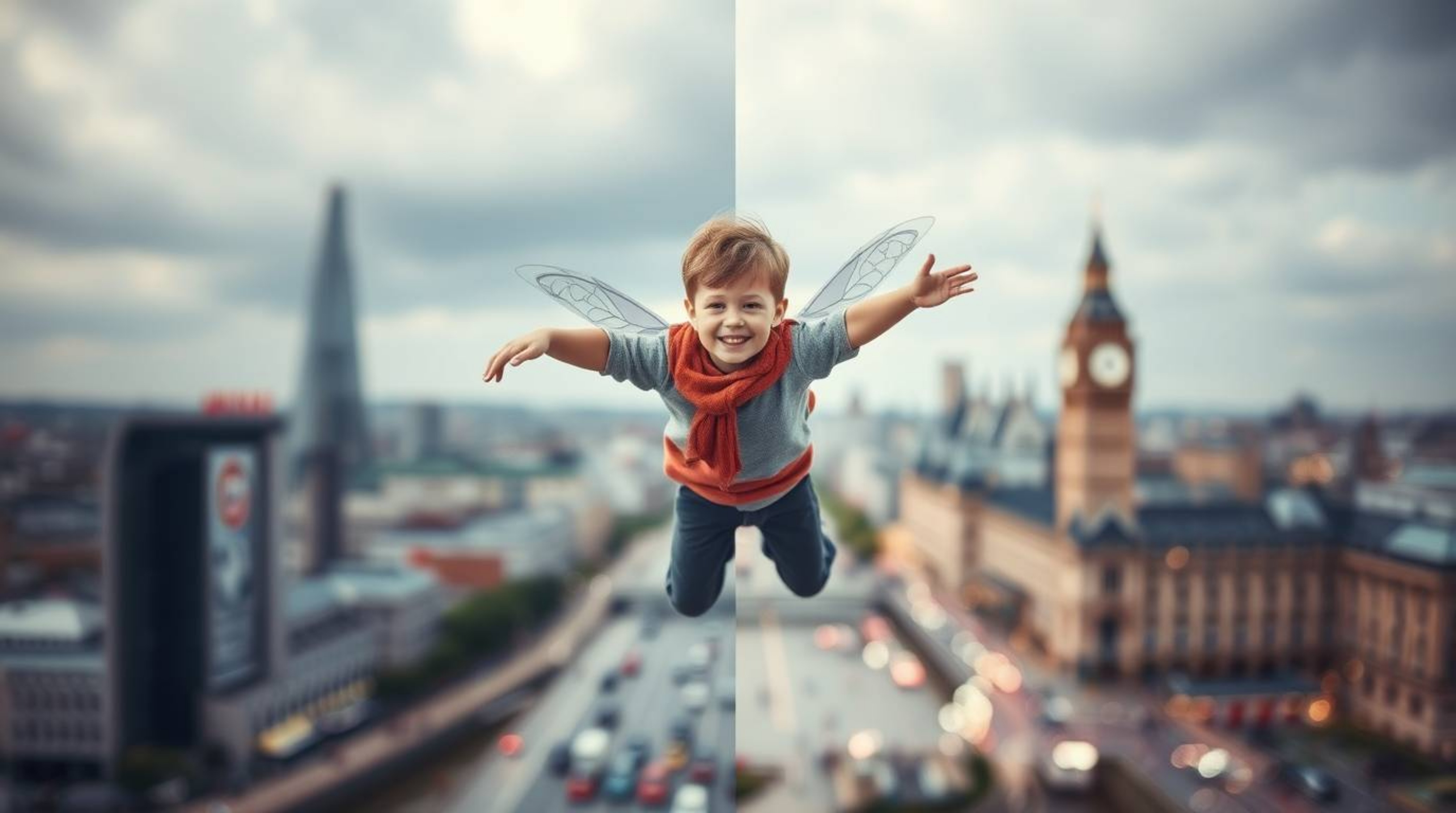 A captivating image featuring a young boy soaring above London, propelled by magical pixie dust, rendered with a blurred boke