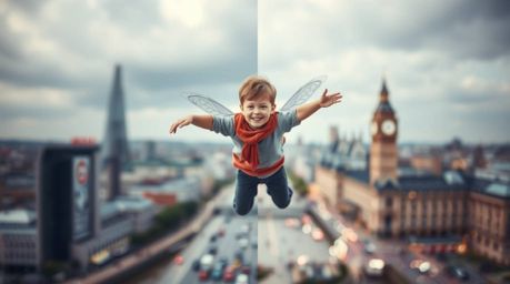 A captivating image featuring a young boy soaring above London, propelled by magical pixie dust, rendered with a blurred boke