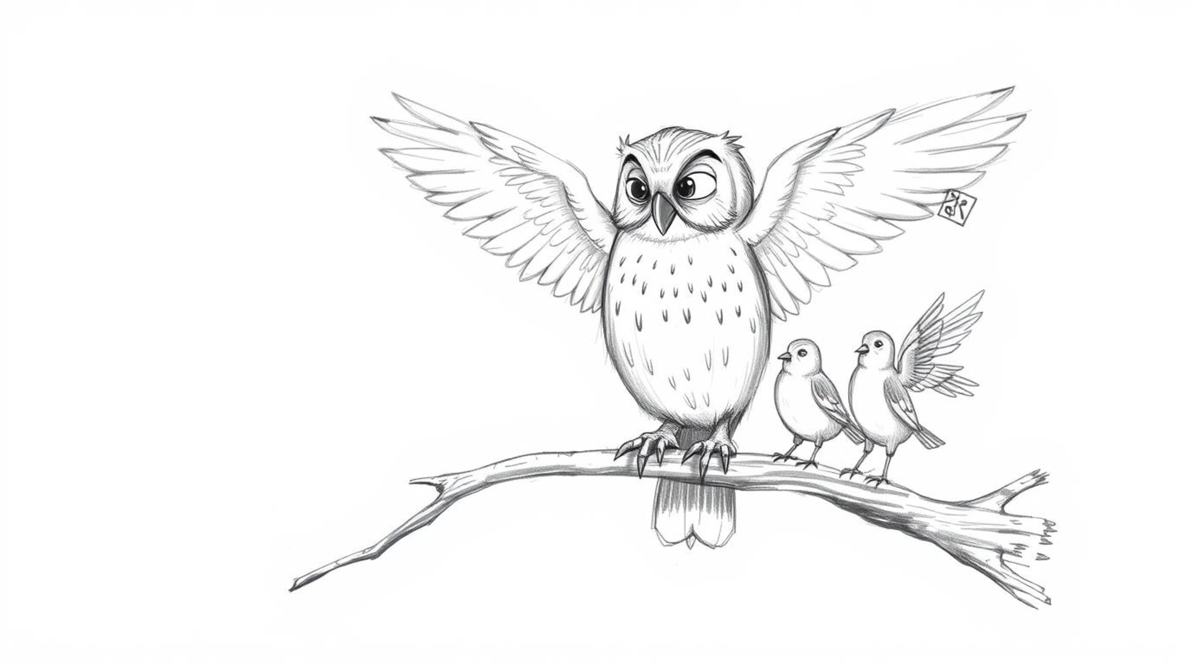 A heartwarming hand-drawn sketch in the style of Pixar depicts a blind owl, rendered with soft, feathery texture, passionatel