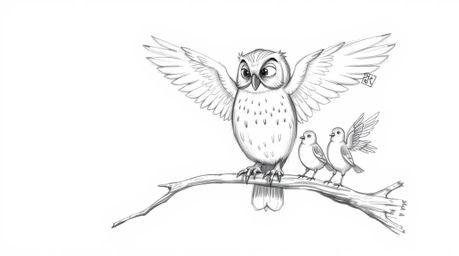 A heartwarming hand-drawn sketch in the style of Pixar depicts a blind owl, rendered with soft, feathery texture, passionatel
