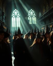 Explore a magical school teeming with young wizards, captured in a dramatic, cinematic style. Bathed in contrasting chiaroscu