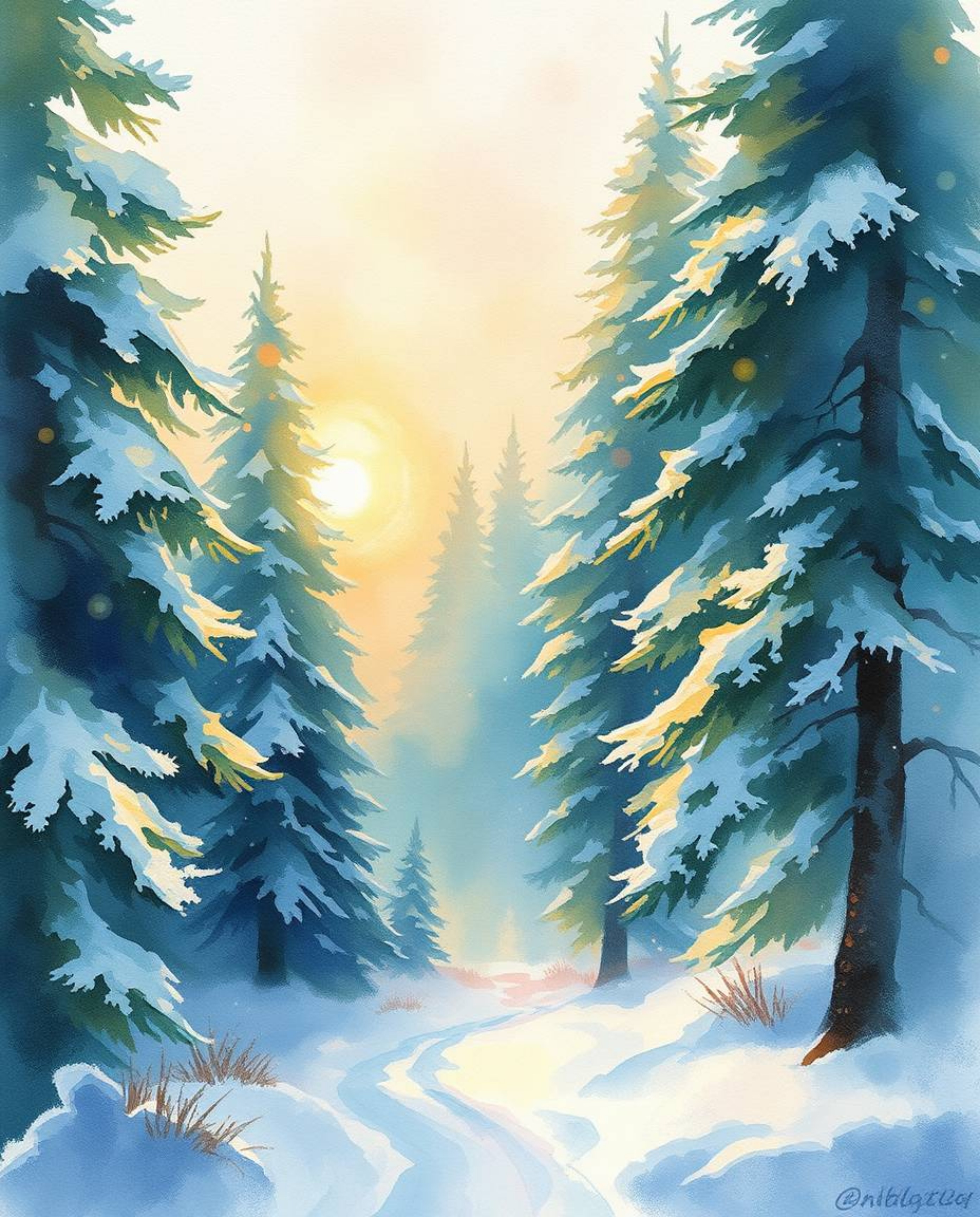 A dreamlike, ethereal watercolor painting captures sunset light sparkling on snowy pine trees. Gentle color contrasts, blurre