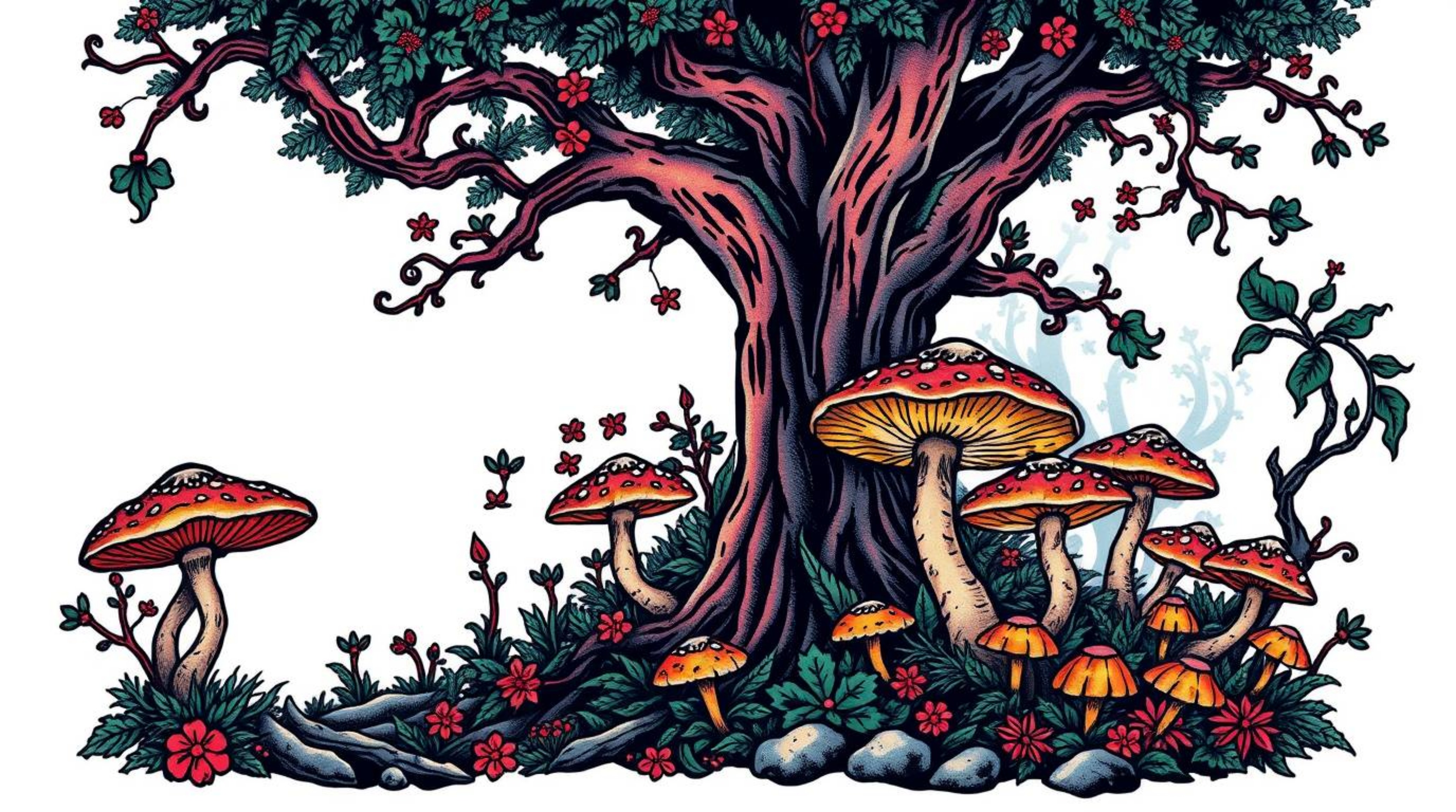Discover stunning art prints featuring vibrant traditional tattoo designs and enchanting vintage-style forests. These pieces