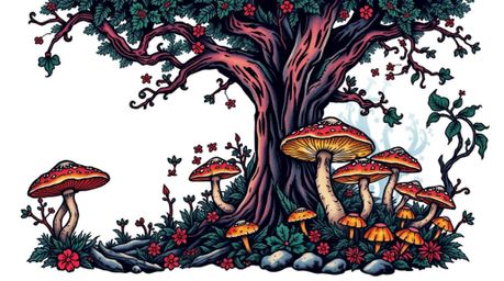 Discover stunning art prints featuring vibrant traditional tattoo designs and enchanting vintage-style forests.  These pieces