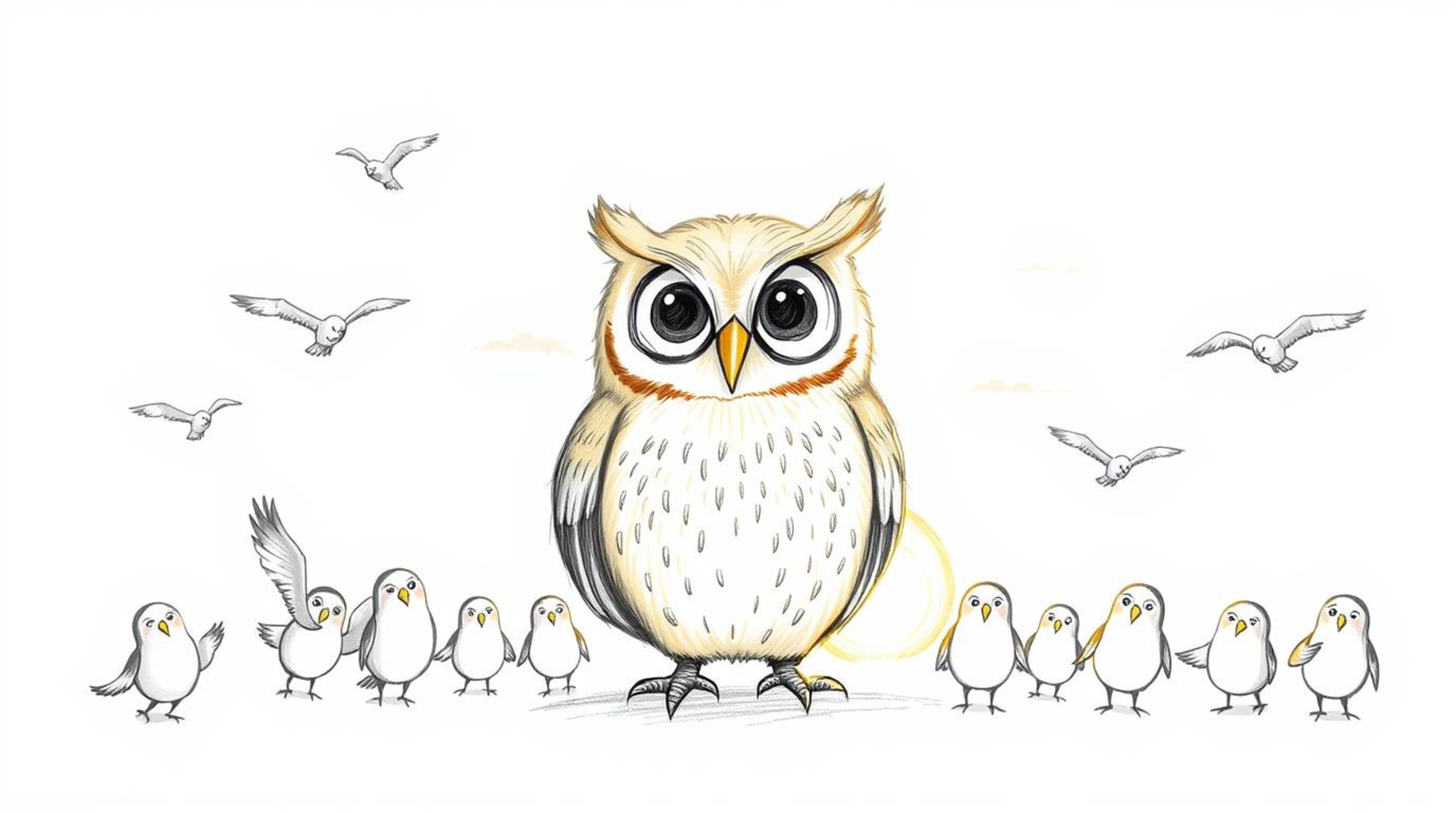 A whimsical hand-drawn sketch in the style of Pixar depicts a kind, light brown blind owl teaching a classroom of flying bird