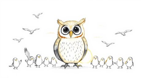 A whimsical hand-drawn sketch in the style of Pixar depicts a kind, light brown blind owl teaching a classroom of flying bird