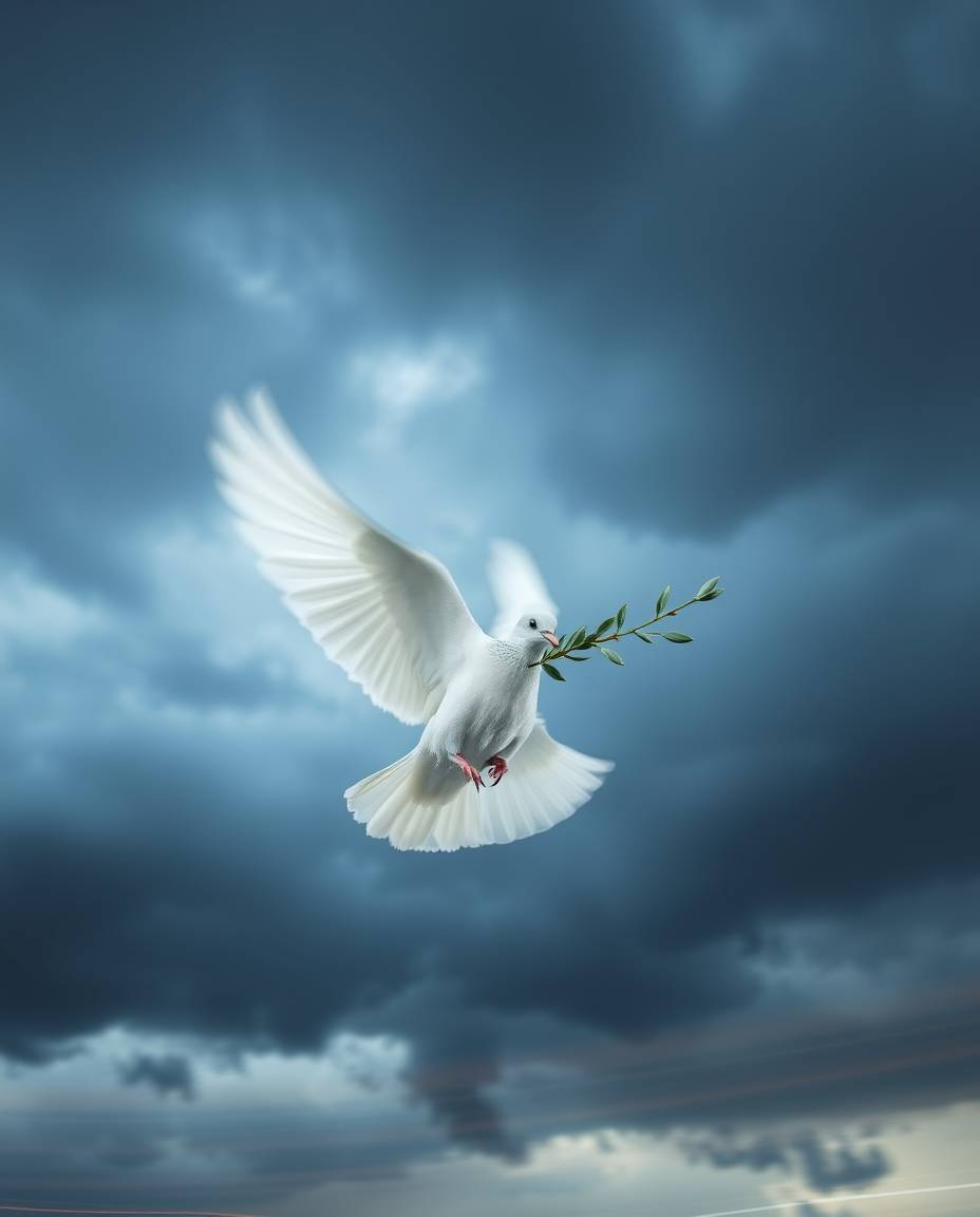A dove carrying an olive branch through stormy skies captured in long exposure photography, creating stunning motion or light