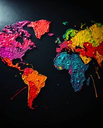This captivating image features a close-up shot of a world map meticulously crafted from vibrant and colorful splashes. The a