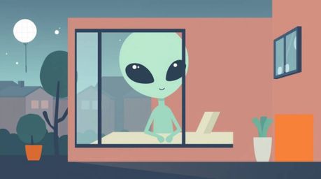 This modern flat design illustration depicts an alien with simple geometric features residing in an ordinary suburban house. 