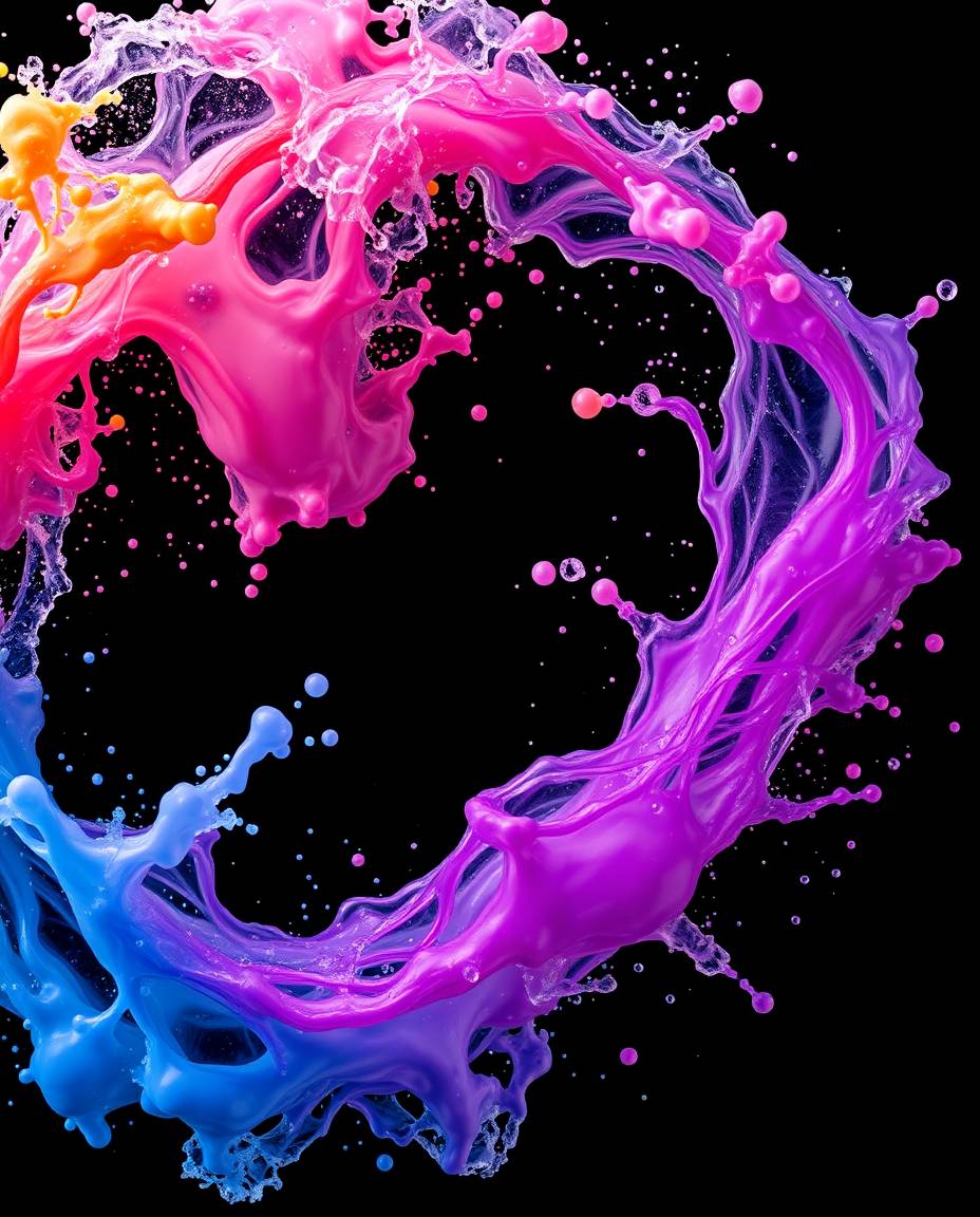 This high-resolution stock photo showcases dynamic and colorful splashes frozen in motion against a sleek black background.  