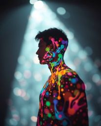A captivating surreal image showcases a human silhouette formed by colorful splash patterns, rendered in infrared tones.  The
