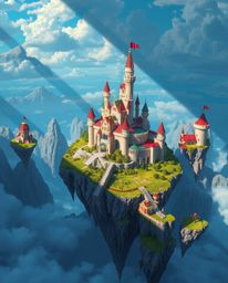 Discover a breathtaking, colorful kingdom adorned with majestic floating islands and castles. Rendered with strong hard ligh