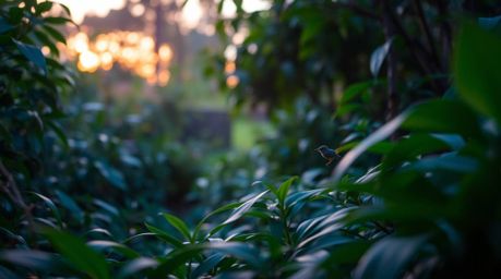 A miniature hero embarks on an epic adventure through a dense backyard jungle at dawn or dusk.  Experience the soft, diffused
