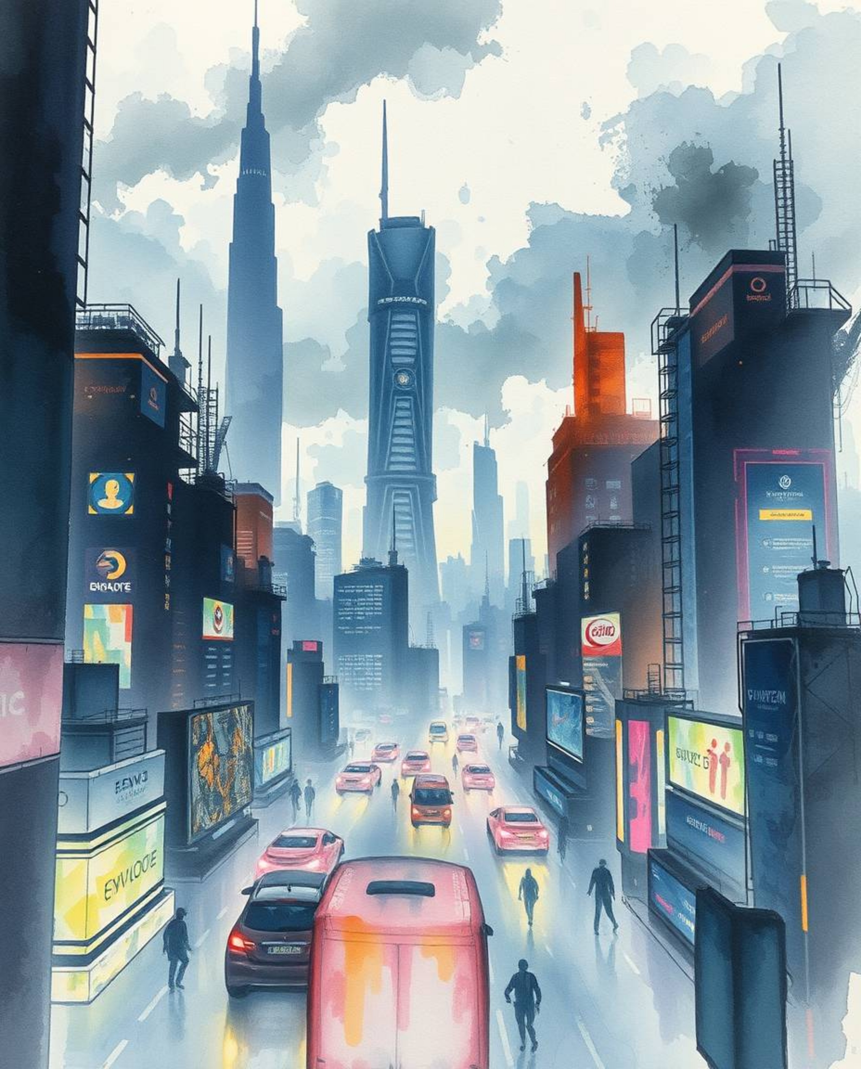 A stunning watercolor painting depicts a futuristic city in a glitch mode, experiencing intense dramatic weather.  Flickering