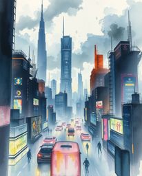 A stunning watercolor painting depicts a futuristic city in a glitch mode, experiencing intense dramatic weather.  Flickering