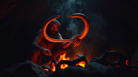 A captivating high-angle perspective captures a caveman deeply engrossed in cooking mammoth meat against an intense jet black
