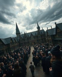 Experience the intense drama of a magical school brimming with young wizards.  A high-angle perspective reveals a scene of he