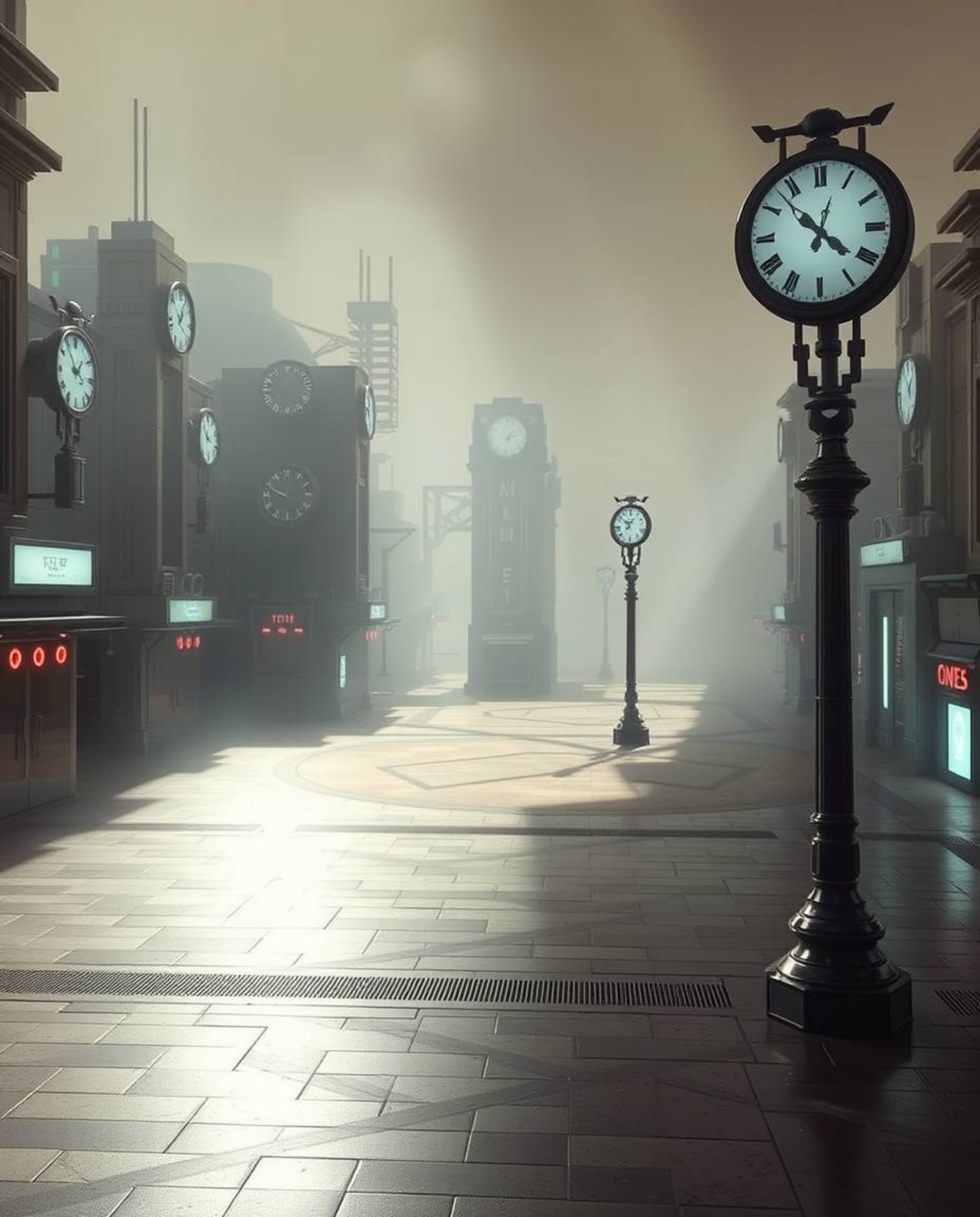 A futuristic and empty town square, reminiscent of sci-fi, bathed in a soft, dreamy atmosphere with hazy lighting. The scene 