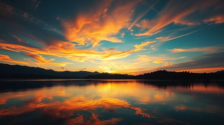 A breathtaking 16:9 image depicting a serene lake mirroring a vibrant sunset sky.  The scene features modern futuristic eleme