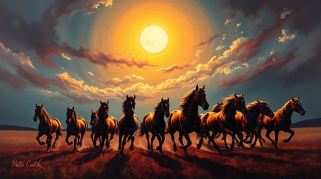 A captivating low-angle painting showcases a herd of wild horses thundering across the landscape beneath a vibrant, glowing s