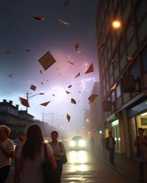 Explore the ethereal and spiritual vibe captured in candid street photography, depicting a surreal storm with flying objects 