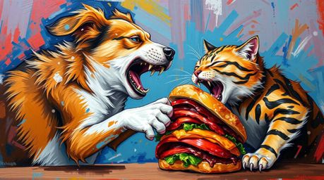 A dynamic acrylic painting depicts a fierce battle between a dog and a cat over a colossal sandwich.  The artwork boasts vibr
