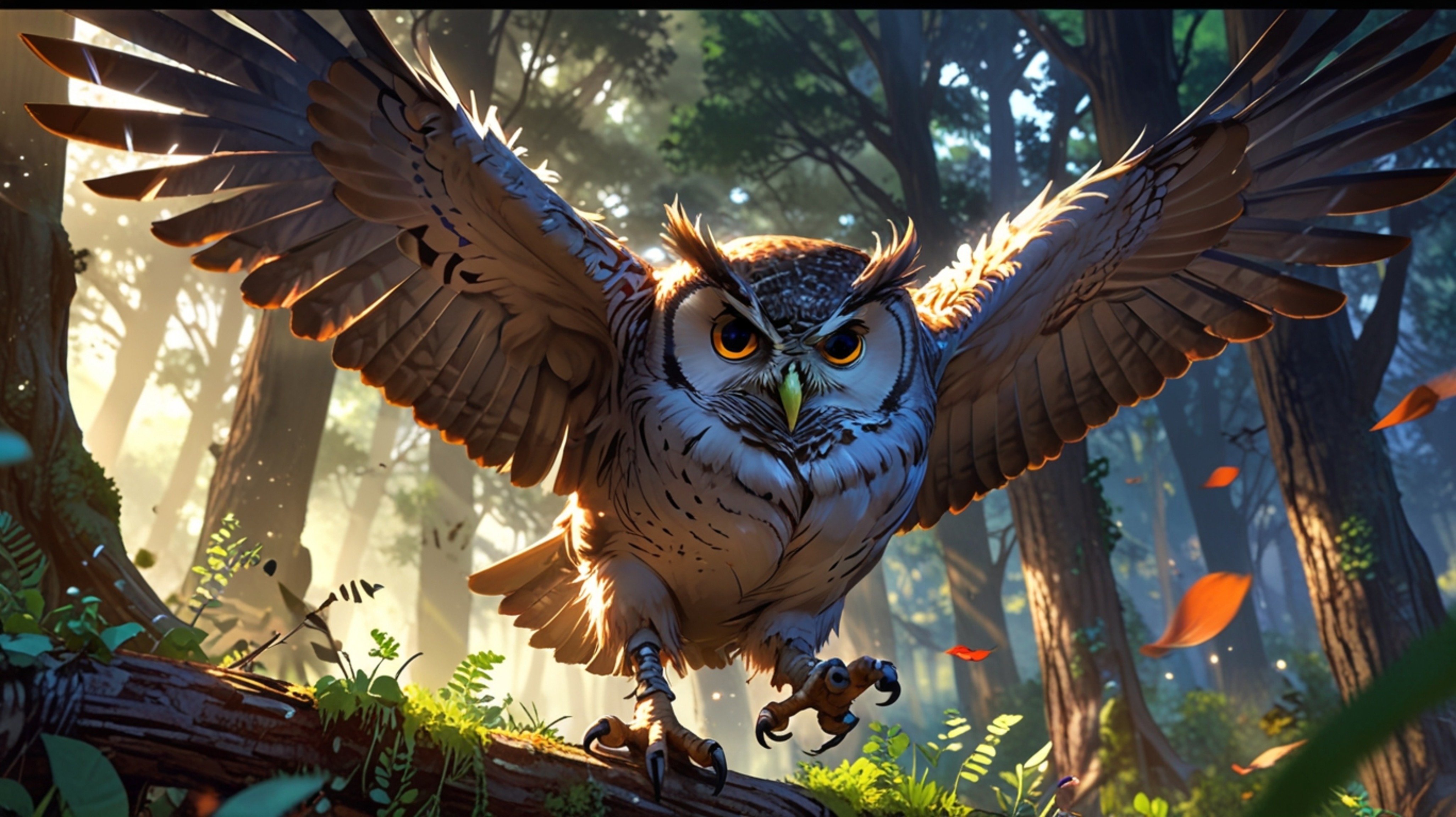 A breathtaking and magical scene, rendered in a beautiful blend of Pixar and anime styles. A wise blind owl, the ultimate men