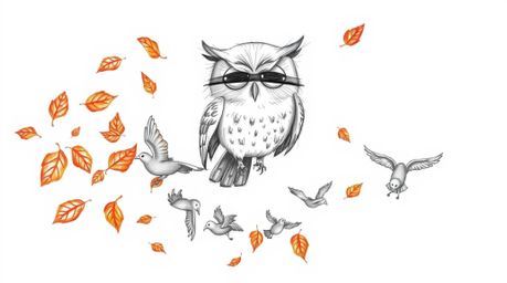 A charming, hand-drawn sketch in the style of Pixar animation features a blind owl with expressive eyes and soft feathers.  T