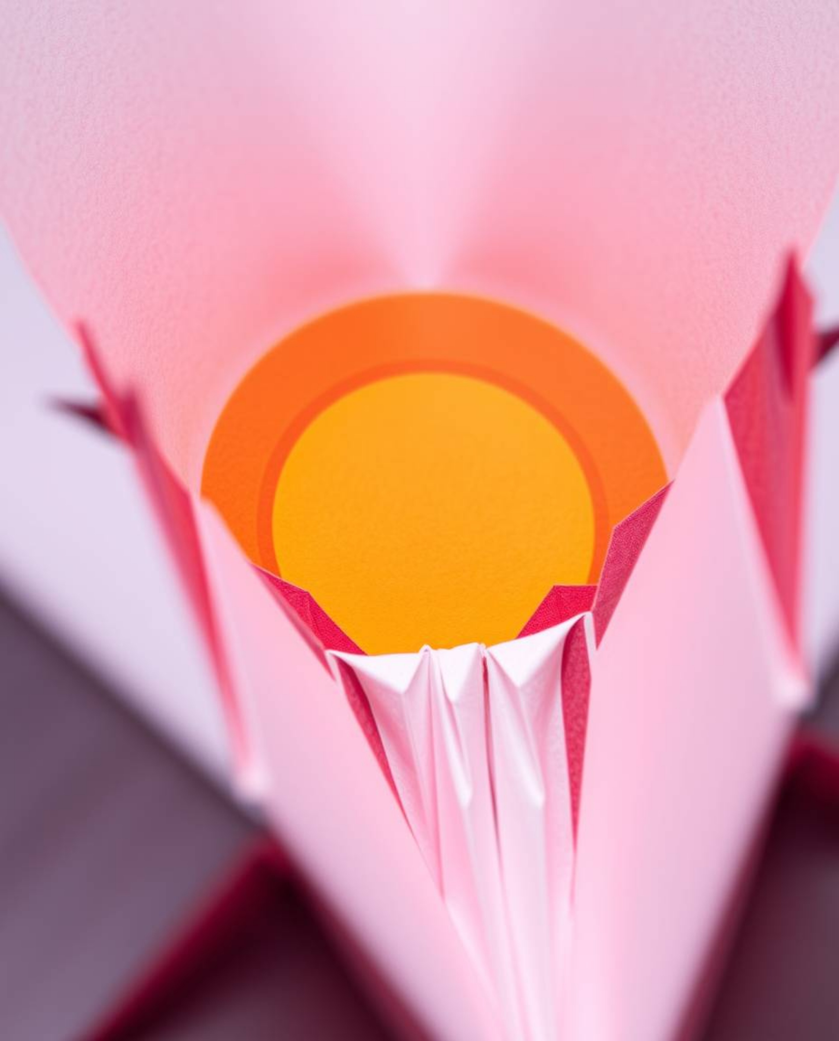 An extreme macro close-up of intricate origami depicting a sunset behind a waterfall, highlighting the geometric precision an
