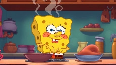 A charming animated sponge character, boasting warm, graceful, and elegant features, is shown cooking in a vibrant underwater