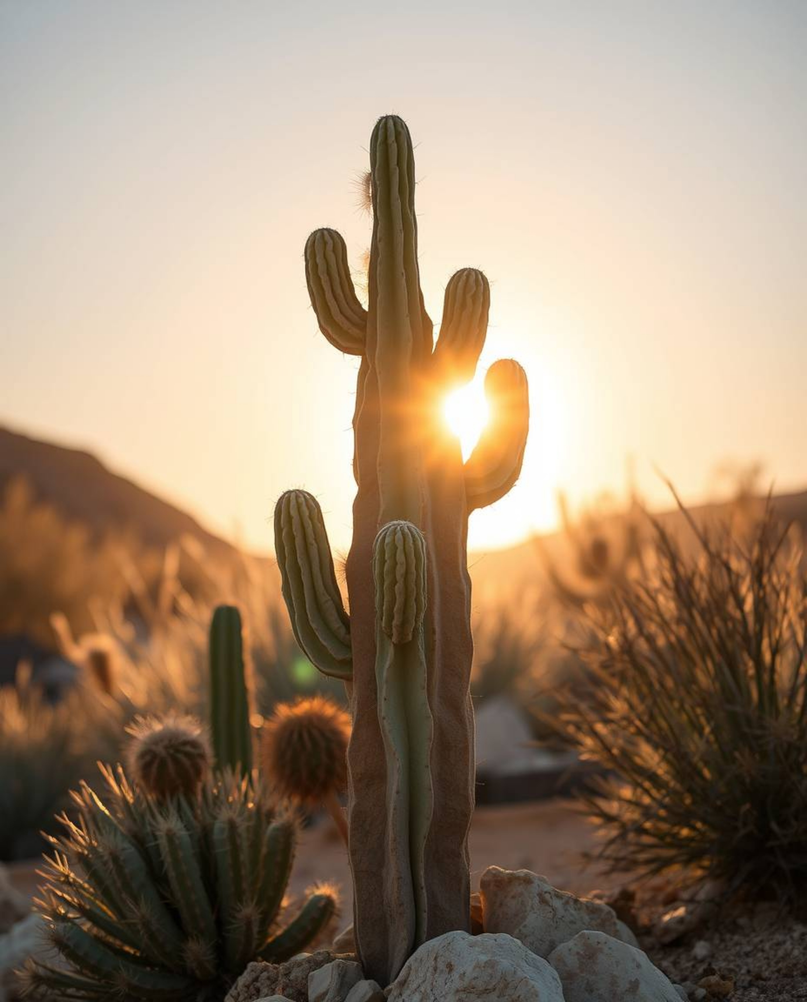 A desert cactus, depicted as glowing in the last rays of the sun, is skillfully sculpted from layered papier-mâché. The piece