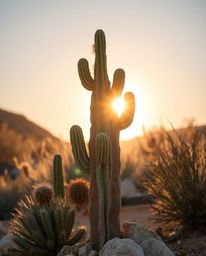 A desert cactus, depicted as glowing in the last rays of the sun, is skillfully sculpted from layered papier-mâché. The piece