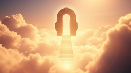 A captivating image blends futuristic sci-fi with fantasy realism. A heavenly gate, bathed in golden light, floats above hazy