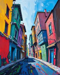 This bold acrylic painting captures a surreal street scene with vibrant colors and textured brushstrokes. Buildings fold and 