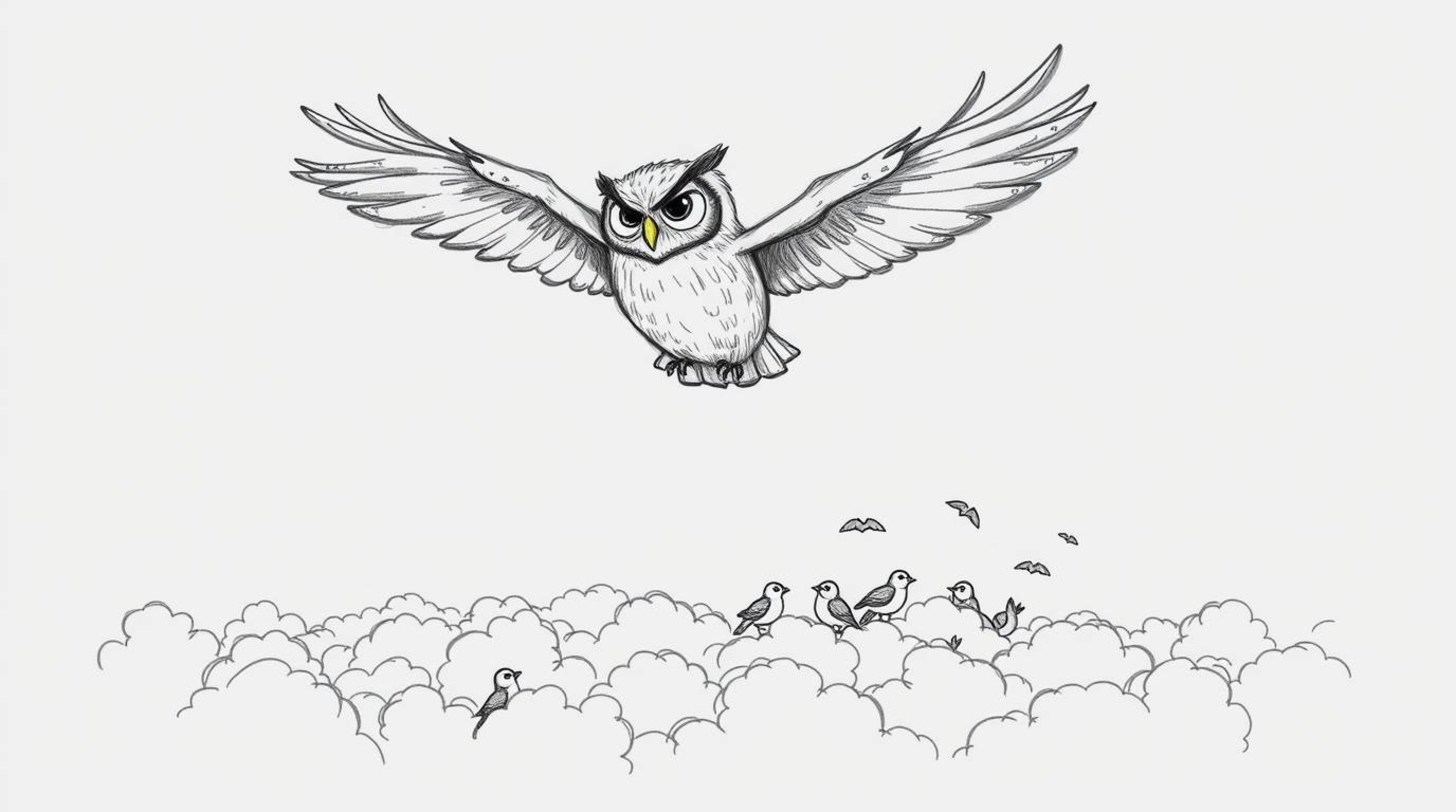 A captivating hand-drawn sketch depicts a blind, wise-looking owl with textured pencil strokes, rendered in a charming Pixar 