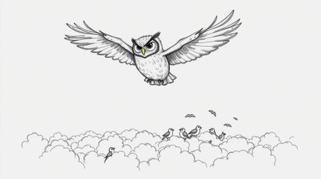 A captivating hand-drawn sketch depicts a blind, wise-looking owl with textured pencil strokes, rendered in a charming Pixar 