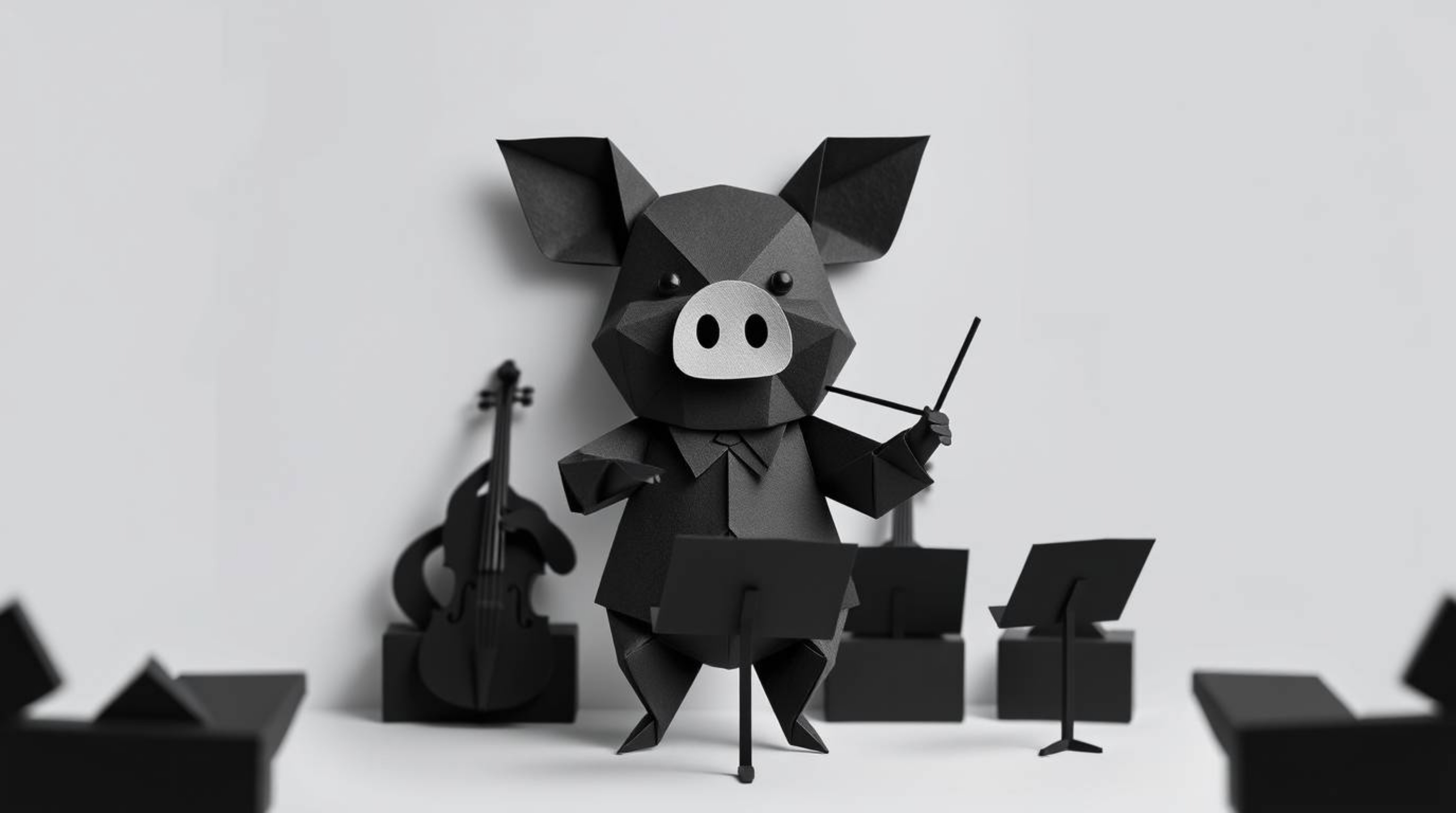 This artwork features a pig character meticulously crafted in an intricate origami style, acting as an orchestra conductor. R
