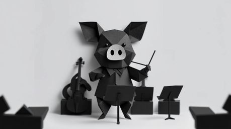 This artwork features a pig character meticulously crafted in an intricate origami style, acting as an orchestra conductor. R