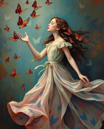 This artwork captures a girl in a flowing dress releasing butterflies into the air, rendered in a classic oil painting style.